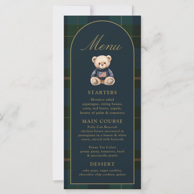 4x9" Classic Teddy Bear Plaid Baby Shower Menu (Anverso)