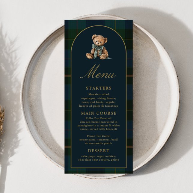 4x9" Classic Teddy Bear Plaid Baby Shower Menu (Subido por el creador)