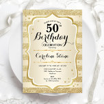 50.ª fiesta de cumpleaños - Invitación de oro<br><div class="desc">50.ª Invitación a la fiesta de cumpleaños. Diseño elegante en oro. Presenta franjas de oro purpurina falsas,  letra de guión elegante y confeti. Perfecto para una celebración de cumpleaños glam.</div>