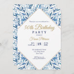 50.ª fiesta de cumpleaños Invitación elegante<br><div class="desc">Marco dorado y azul deja la tarjeta de invitación de la fiesta de 50 años. Encuentre productos coincidentes en nuestra tienda o contáctenos.</div>