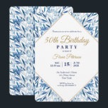 50.ª fiesta de cumpleaños Invitación elegante<br><div class="desc">Marco dorado y azul deja la tarjeta de invitación de la fiesta de 50 años. Encuentre productos coincidentes en nuestra tienda o contáctenos.</div>