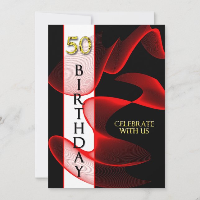 50.ª Invitación a cumpleaños - Negro/Rojo Swirling (Anverso)