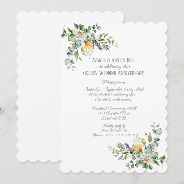 50.ª Invitación a la Boda Dorada Floral (Anverso / Reverso)