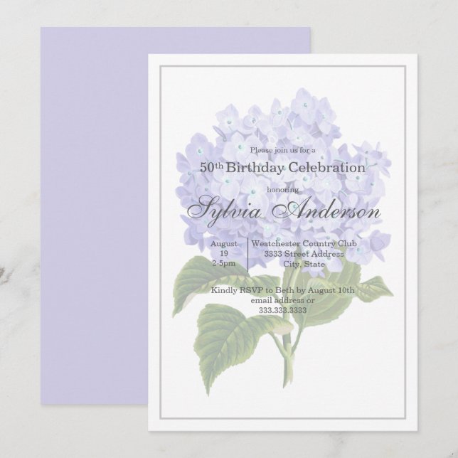 50.ª Invitación a la hidrangea botánica de cumplea (Anverso / Reverso)