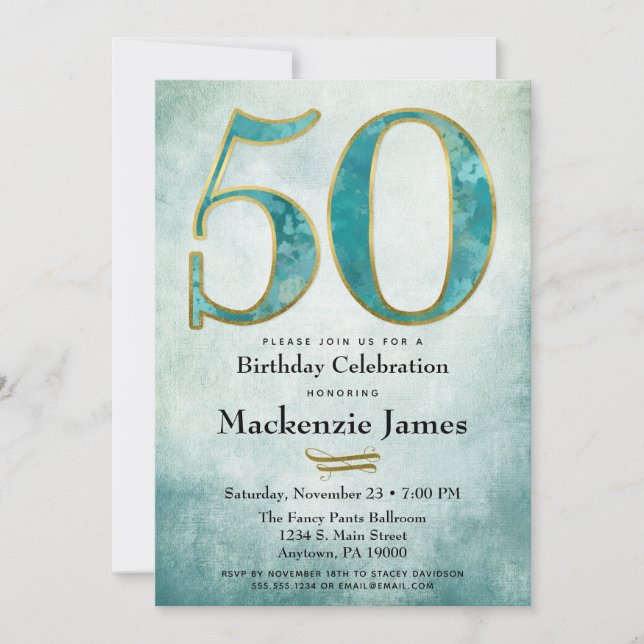 50.ª invitación de cumpleaños Adulto de oro azul t (Anverso)