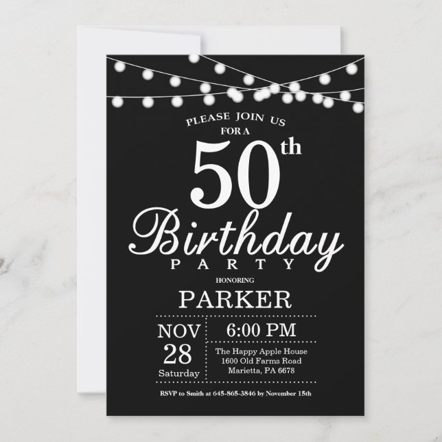 50.ª invitación de cumpleaños blanco y negro (Anverso)