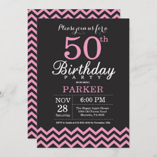 50.ª invitación de cumpleaños Chevron negro y rosa