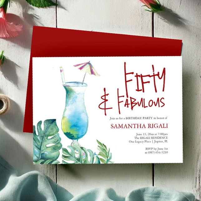 50.ª invitación de cumpleaños cóctel tropical (50th birthday invitations tropical cocktail and palm leaf watercolor art by Victoria Grigaliunas)