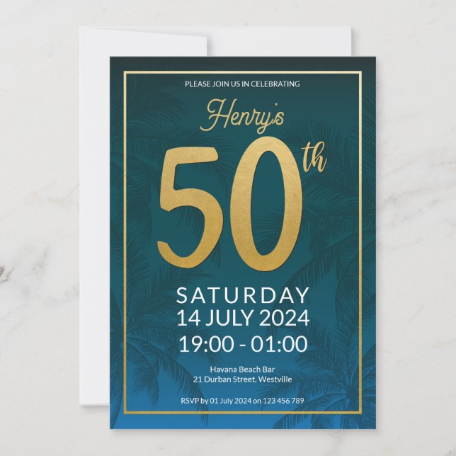 50.ª invitación de cumpleaños con palmeras (Anverso)