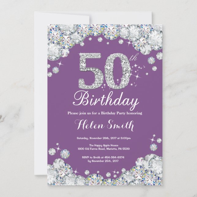 50.ª invitación de cumpleaños Diamante morado y pl (Anverso)