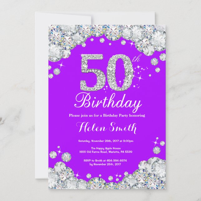 50.ª invitación de cumpleaños Diamante morado y pl (Anverso)