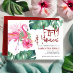 50.ª invitación de cumpleaños Flamingo tropical<br><div class="desc">Las curas invitaciones de 50 años cuentan con flamingo rosa acuarela y botánicos. Las palabras "Cincuenta y Fabuloso" están escritas a mano y divertidas. Una encantadora elección para un fiesta de estilo luau hawaiano. Solicite tarjetas impresas o invitaciones para fiestas de cumpleaños imprimibles. Para ver más plantillas de invitación para...</div>