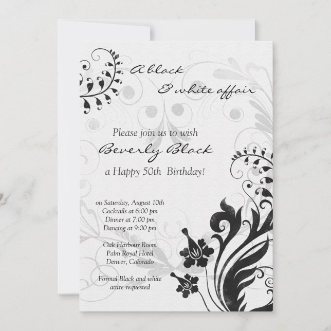 50.ª invitación de cumpleaños | Floral blanca negr (Anverso)