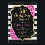 50.ª invitación de cumpleaños franjas blancas rosa<br><div class="desc">50.ª Invitación de cumpleaños Elegante diseño rosa blanco negro con falso purpurina. Rayas negras y blancas con rosas rosas rosas. Perfecto para una elegante fiesta de cumpleaños.</div>