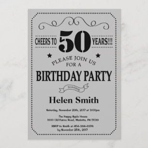 50.ª invitación de cumpleaños gris negro y platead