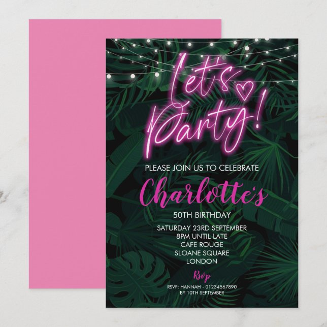 50.ª invitación de cumpleaños negro de neón rosado (Anverso / Reverso)