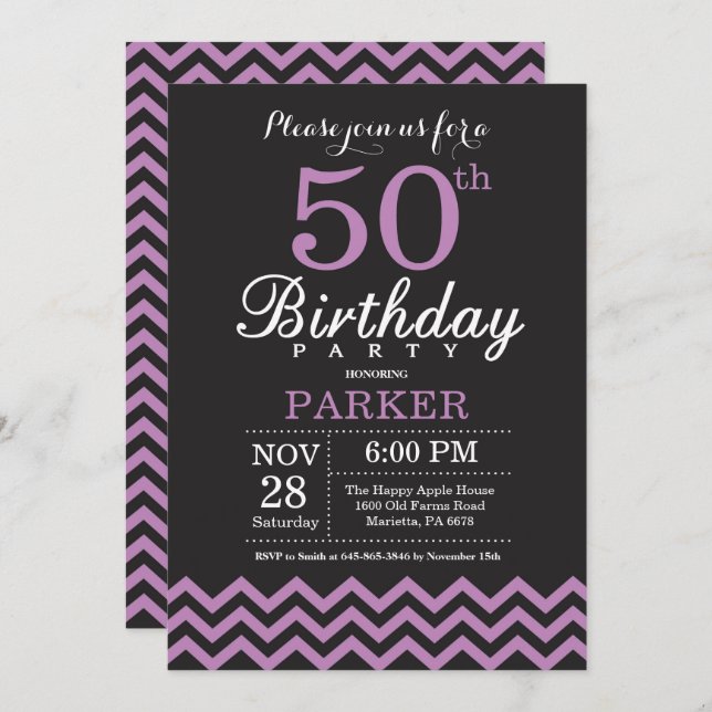 50.ª invitación de cumpleaños negro y morado (Anverso / Reverso)