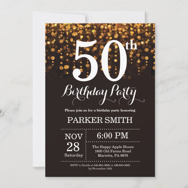 50.ª invitación de cumpleaños Purpurina de oro (Anverso)