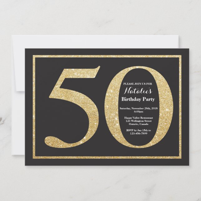 50.ª invitación de cumpleaños Purpurina de oro (Anverso)