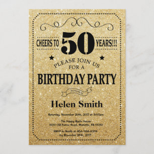 50.ª invitación de cumpleaños Purpurina negro y or