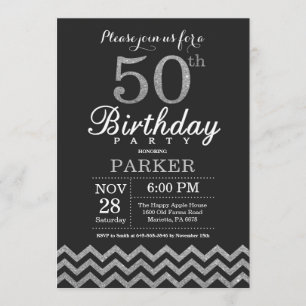 50.ª invitación de cumpleaños Purpurina negro y pl