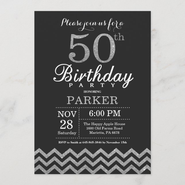 50.ª invitación de cumpleaños Purpurina negro y pl (Anverso)