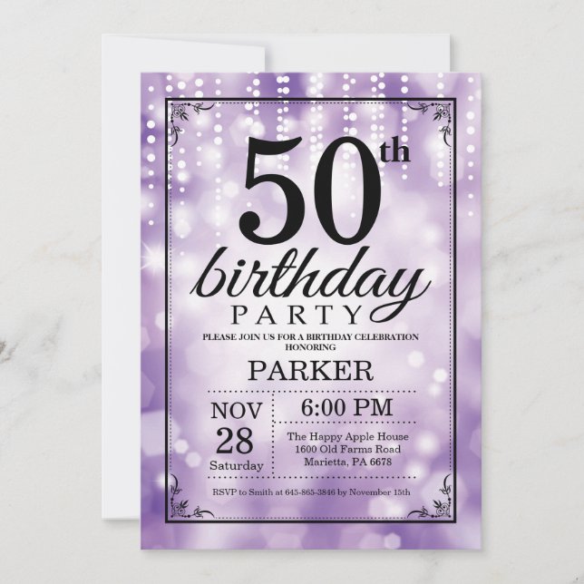 50.ª invitación de cumpleaños Purpurina púrpura (Anverso)