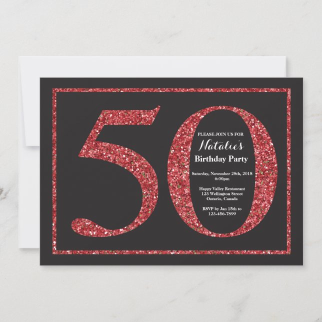 50.ª invitación de cumpleaños Purpurina rojo (Anverso)