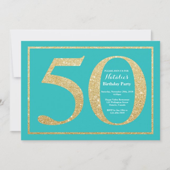 50.ª invitación de cumpleaños Purpurina Verde azul (Anverso)