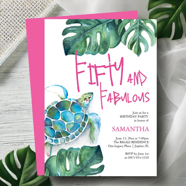 50.ª invitación de cumpleaños Tortuga acuarela (Fiftieth birthday invitations watercolor sea turtle and palm leaf art by Victoria Grigaliunas )