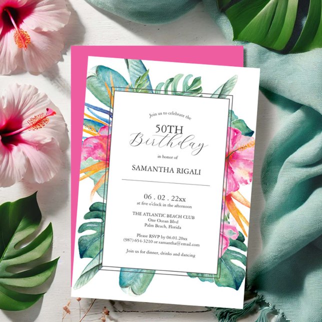 50.ª invitación de cumpleaños tropical (50th birthday invitations luau tropical floral watercolor art Victoria Grigaliunas Do Tell A Belle)