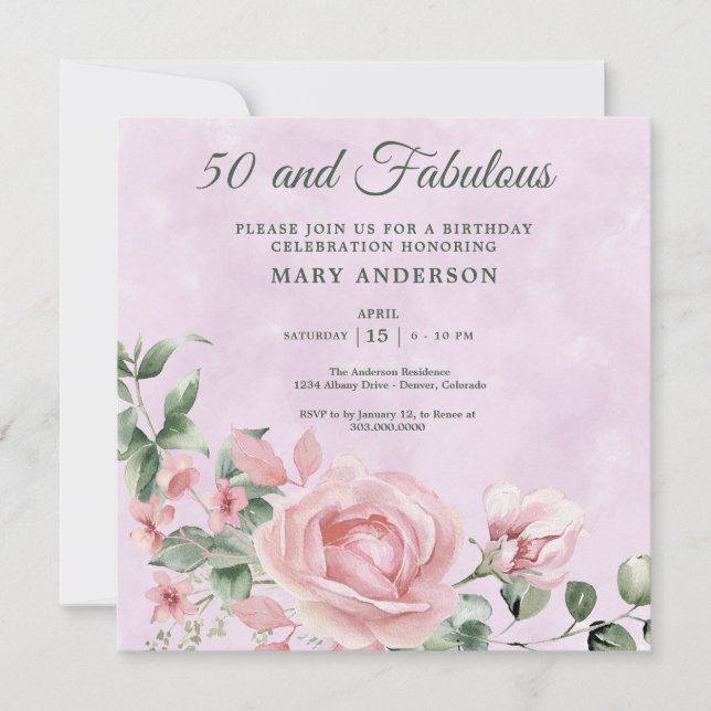 50.ª invitación de rosa de cumpleaños floral (Anverso)