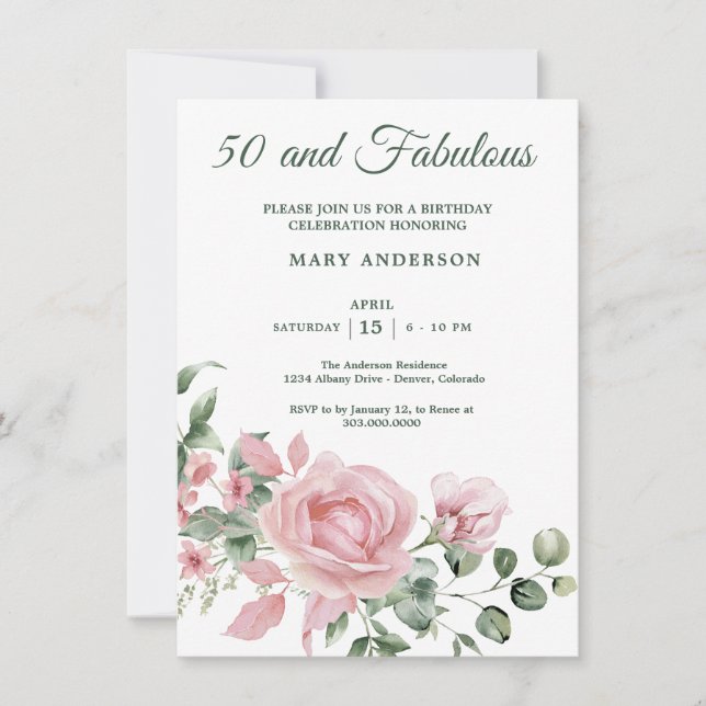 50.ª invitación de rosa de cumpleaños floral (Anverso)
