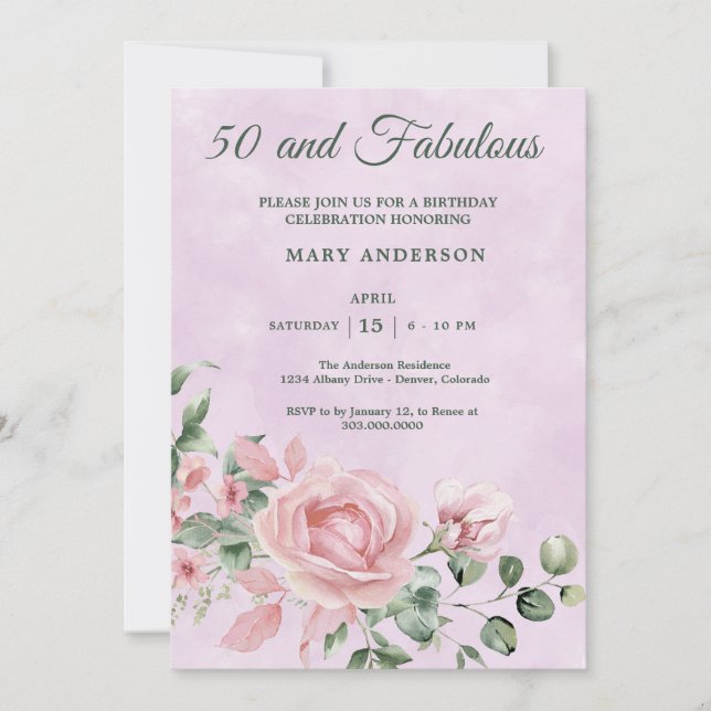 50.ª invitación de rosa de cumpleaños floral (Anverso)