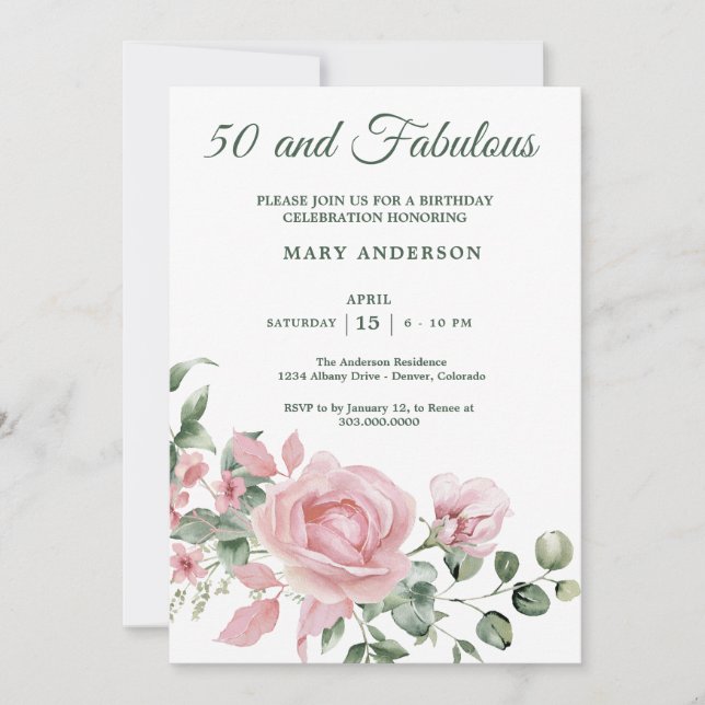 50.ª invitación de rosa de cumpleaños floral (Anverso)