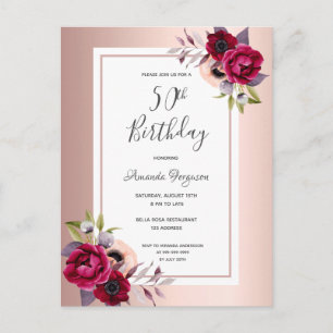 50.ª invitación floral de oro rosa de cumpleaños