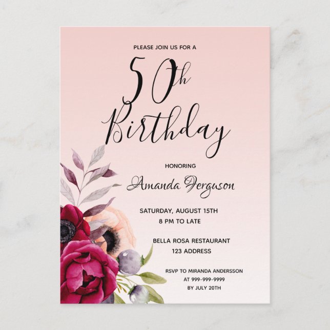 50.ª invitación floral de rosa burdeos de cumpleañ (Anverso)