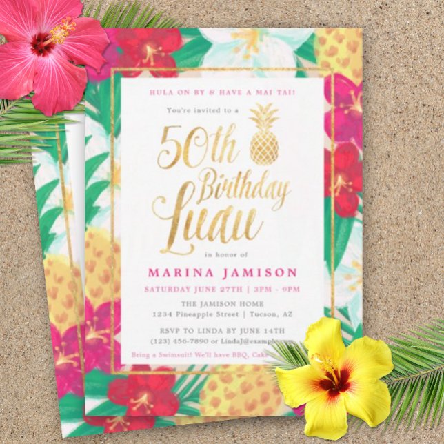 50.ª invitación para el cumpleaños de Luau | Rosa  (50th Birthday Luau)