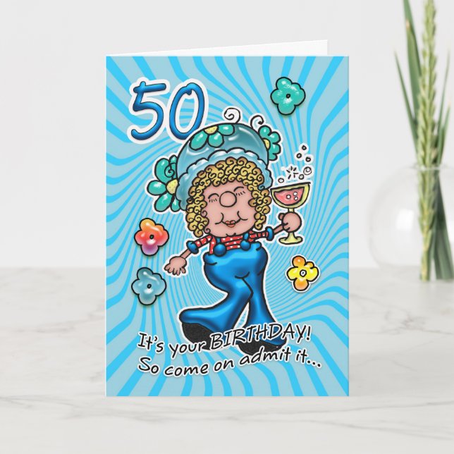 50.ª Tarjeta De Cumpleaños - Dama Divertida Con Vi (Anverso)
