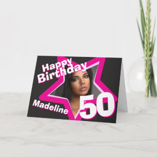 50.ª tarjeta de foto personalizado rosa de cumplea