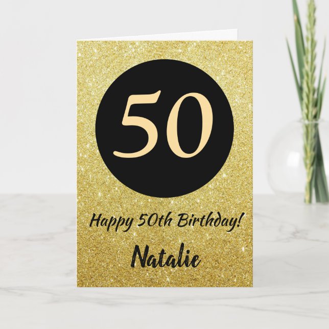 50.ª tarjeta de Purpurina de cumpleaños feliz negr (Anverso)