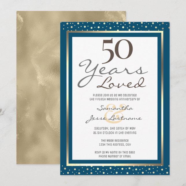 50.º Aniversario Boda Elegante Invitación de Oro (Anverso / Reverso)
