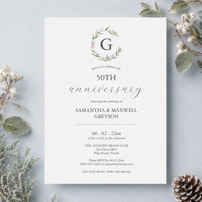 50.º aniversario Boda Invitaciones a botánicos (505h wedding anniversary invitations template with hand drawn monogram by Do Tell A Belle)