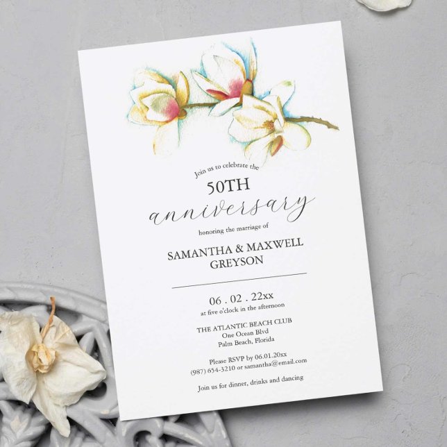 50.º aniversario Boda Invitaciones Floral (50th Wedding Anniversary invitations feature unique watercolor white flowers by Victoria Grigaliunas)