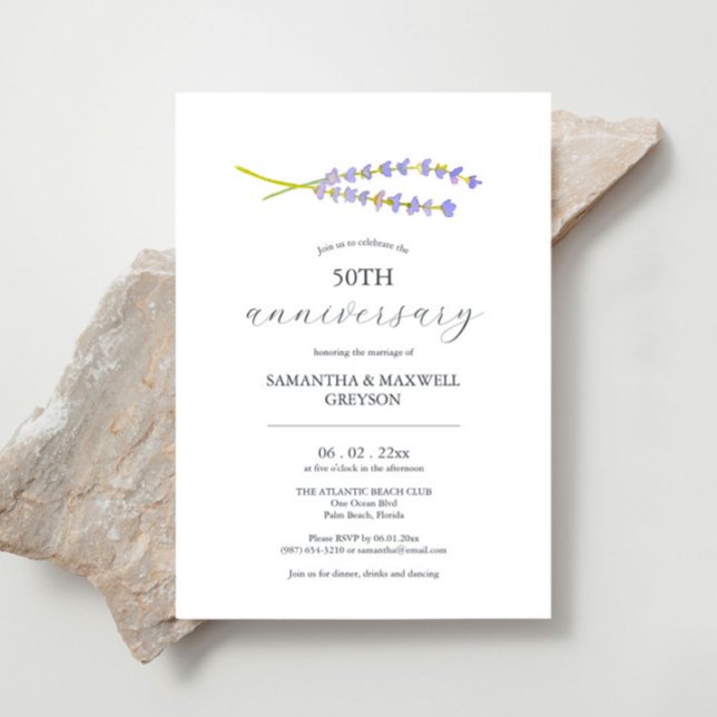 50.º aniversario Boda Invitaciones Lavender (50th wedding anniversary invitations minimalistic lavender watercolor art by Victoria Grigaliunas)