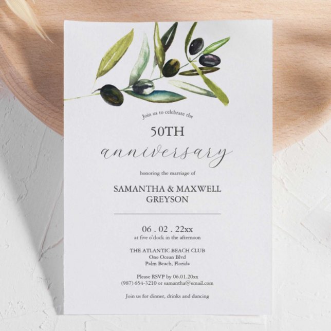 50.º Aniversario Boda Invitaciones Olive Branch (50th anniversary invitations feature unique watercolor olive branch art by Victoria Grigaliunas)