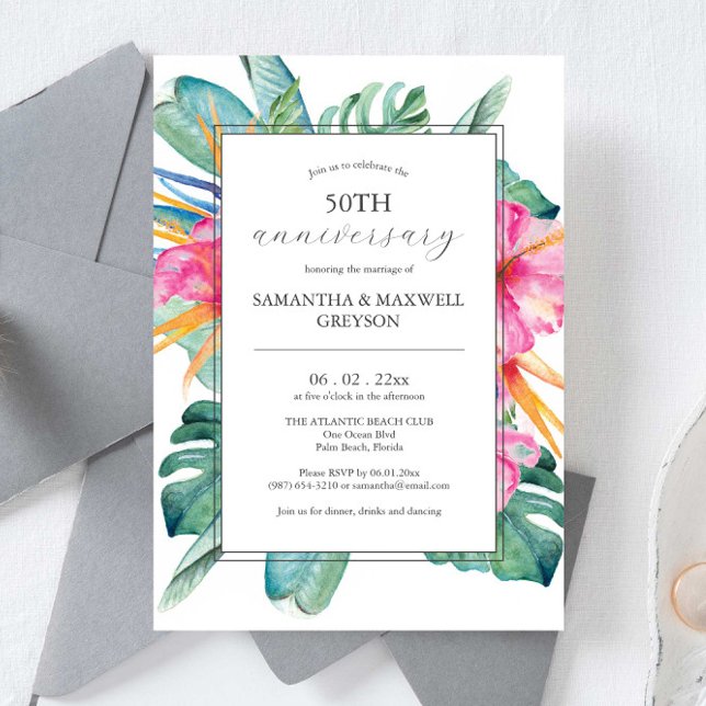 50.º aniversario Boda Invitaciones tropicales (50th anniversary wedding anniversary invitations watercolor  tropical flowers and palm leaves)
