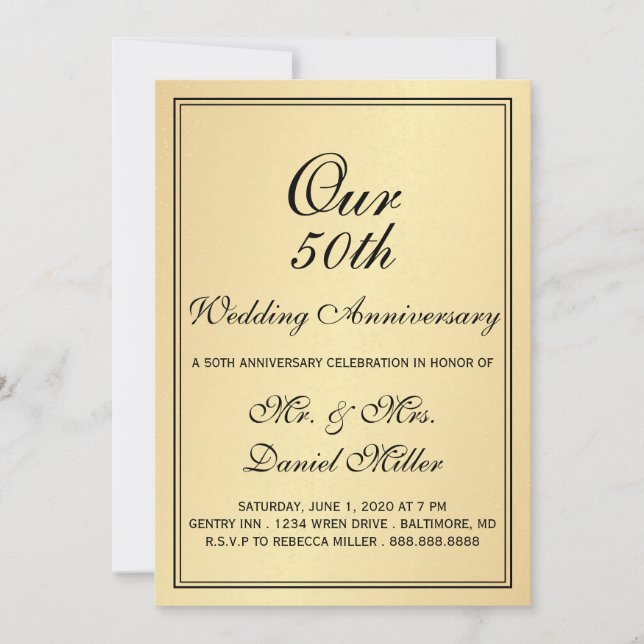 50.º Boda Fiesta Invitación de oro ligero (Anverso)