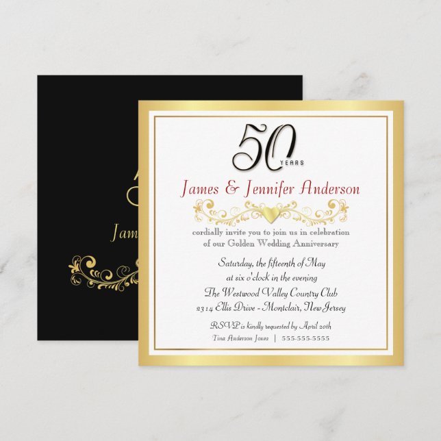50.º Boda Fiesta Invitaciones de oro (Anverso / Reverso)