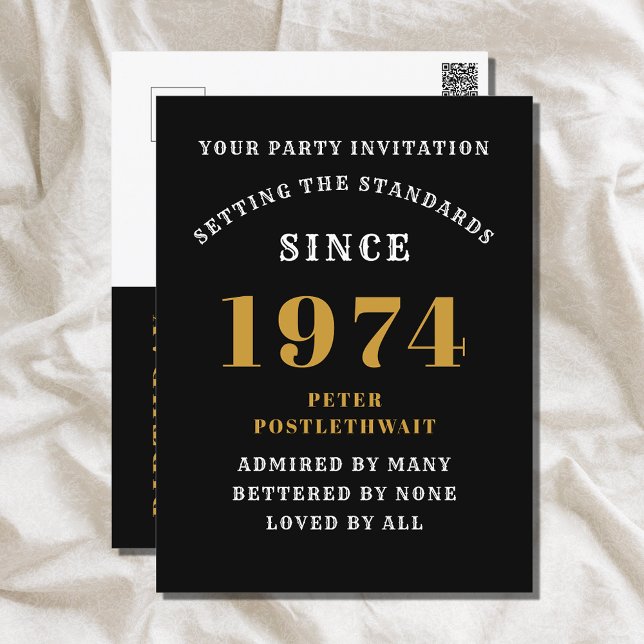 50.º cumpleaños 1974 Invitación de oro negro (Elegant Black and Gold 50th Birthday Invitation - Create Your Own Personalized Design.)